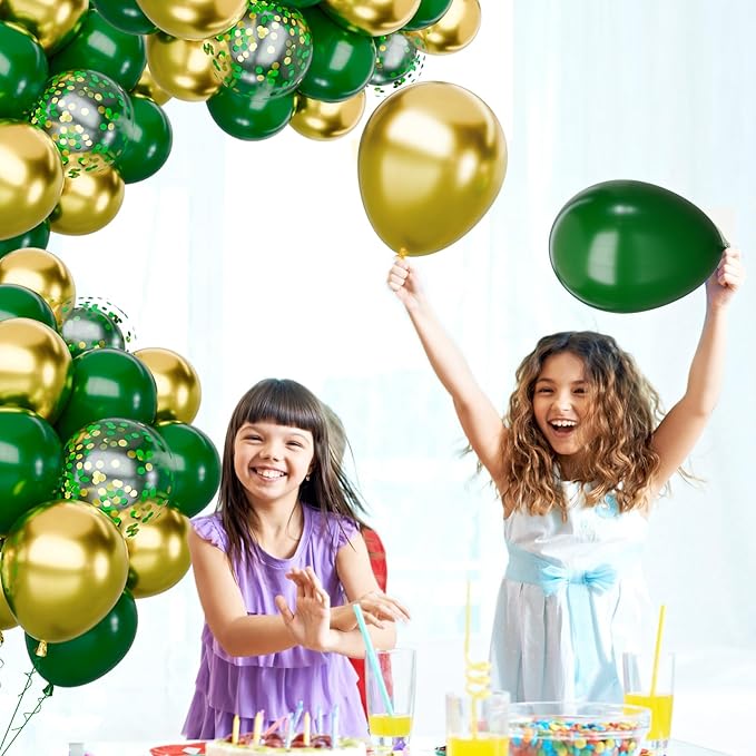 65Pcs Green Gold Balloons Set, Dark Green & Metallic Gold Balloons, Confetti Latex Balloons for Birthday, Graduation, St. Patrick's Day, Jungle Party Decorations
