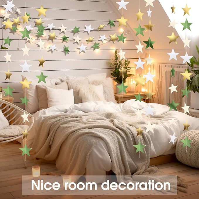Patelai Glitter Star Garland Banner 2026 Graduation Decor 130 Feet Star Hanging Banner Twinkle Backdrop for Party Birthday Classroom Wedding Supplies(Sage Green, Gold, White)