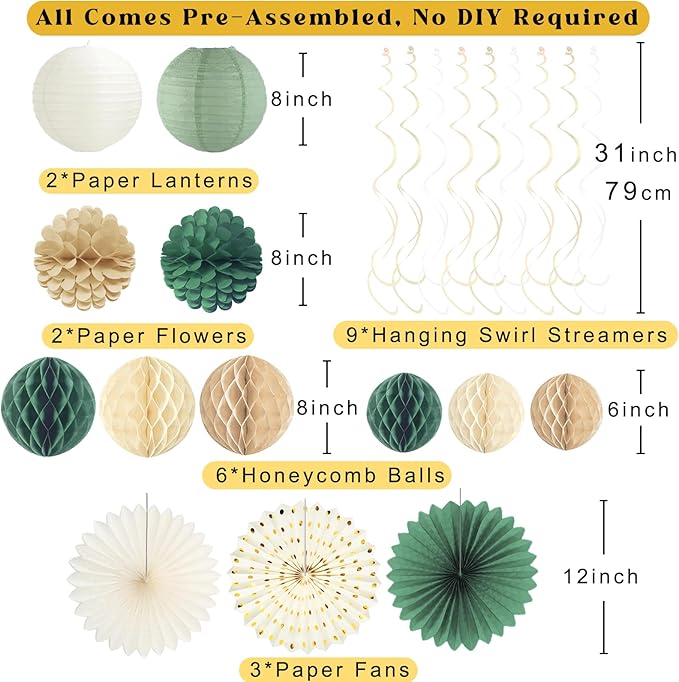 Sage Green Happy Birthday Decorations for Women, Pre-Strung Happy Birthday Banner with Honeycomb Balls, Paper Flowers, Lanterns, Hanging Swirls, Circle Dots Garland for Party Decor 24pcs