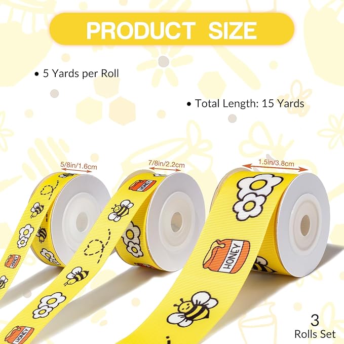 Bee Ribbon Set 3 Rolls Yellow Grosgrain Ribbon 5/8", 7/8", 1.5", Bumblebee, Honey Pot, Flower Print Ribbon for Crafts, Gift Wrapping, Hair Bows, Baby Shower, Party Decor