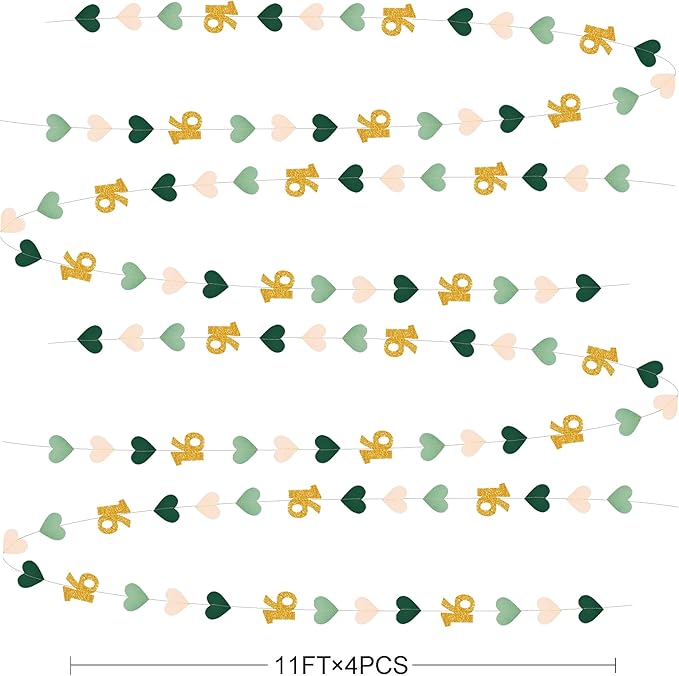 Sage Green Gold 16th Birthday Decorations Sage Green Gold Heart Garland Streamer Banner Backdrop for Girls Happy 16th Birthday Sweet 16 Decorations Cheers to 16 Years Old Anniversary Party Supplies