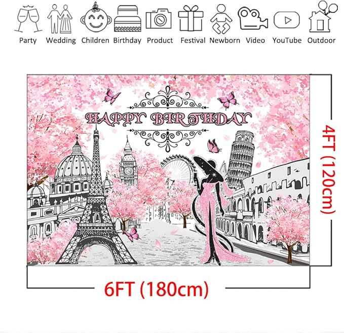 Mocsicka Paris Birthday Backdrop Pink Floral Paris Themed Party Decorations European City Landscape 6x4ft