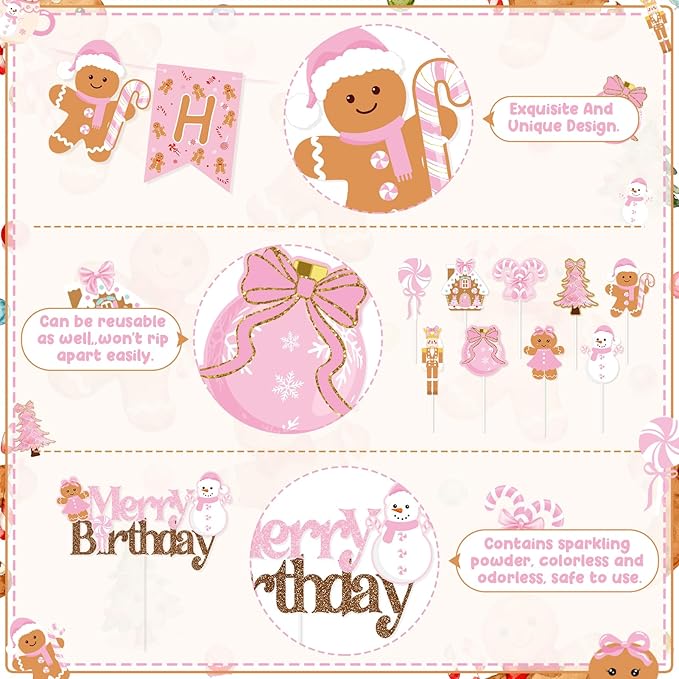 K KUMEED Pink Gingerbread Man Theme Party Decorations,Christmas Happy Birthday Banner Hot Cocoa Mug Candy Cake Topper Latex Balloons for Baby Shower Birthday Party Supplies