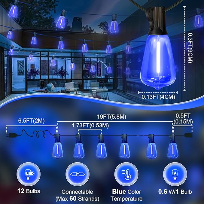 LAMPHOME 4-Pack 26Ft ST38 Outdoor String Lights, Blue LED Shatterproof Patio Lights with 12+1 Edison Bulbs, Perfect for Hanukkah, Bistro, Christmas & Party Decorations