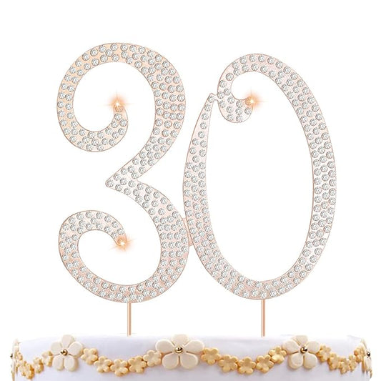 30 Cake Topper 30th Anniversary Birthday Wedding Diamond Cake Topper for Women Bling Rhinestone Cake Decoration Party Supplies Keepsake, Rose Gold