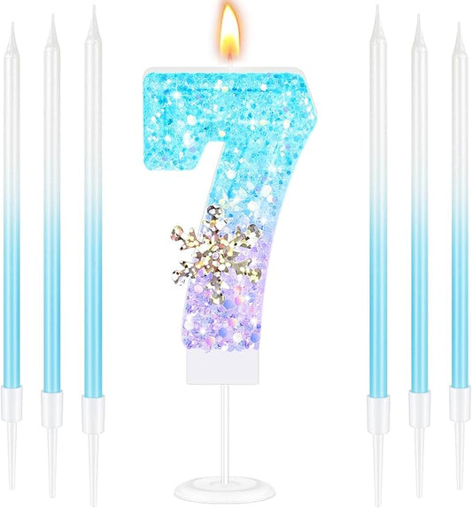 MTLEE Number 7 Birthday Candle Blue Snowflake with 6 Long Thin Cupcake Candles Blue Sparklers Glitter Number Happy Birthday Cake Topper Decorations for Winter Party Supplies