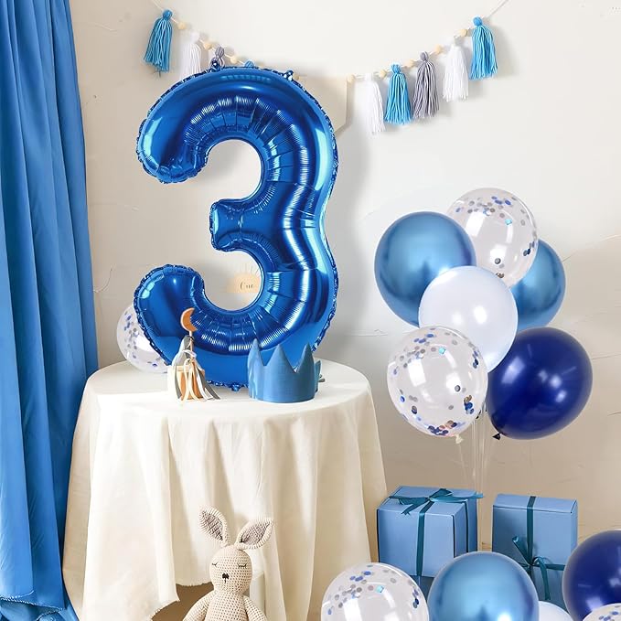 Navy Blue 3rd Birthday Balloon - Giant Self Inflating Number 3, Metallic Dark Blue Silver Confetti Helium Balloon, Foil 40 Inch Three for Boys 3 Year Old Birthday Party Anniversary Decor