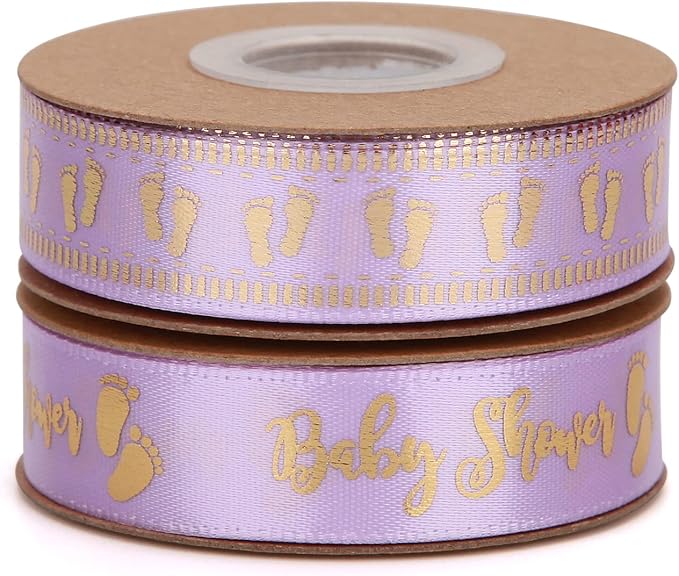 Meseey 20 Yards Baby Ribbon Foot Print Purple and Gold Ribbons for Crafts Cake Baby Shower Birthday,Gift Wrapping, Party Decoration (Purple)