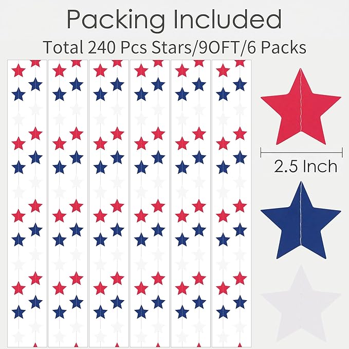 Red, White & Blue Iridescent-Star-Garland 90FT – 240 Pcs Sparkling Star Streamers – Hanging Glitter Star Banner Backdrop for Birthday, Baby Shower, Wedding, Christmas Party Decorations (6 Packs)