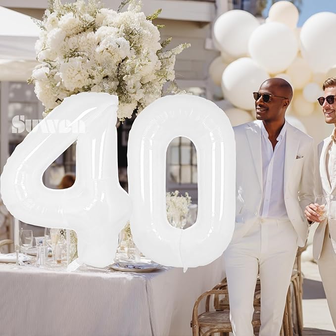 SUWEN 40 Inch White Large 40 Number Balloons Big Foil Helium Number Balloons 0-9 Giant Jumbo Happy 40th Birthday Party Decorations for Men or Women Huge Mylar Anniversary Party Supplies