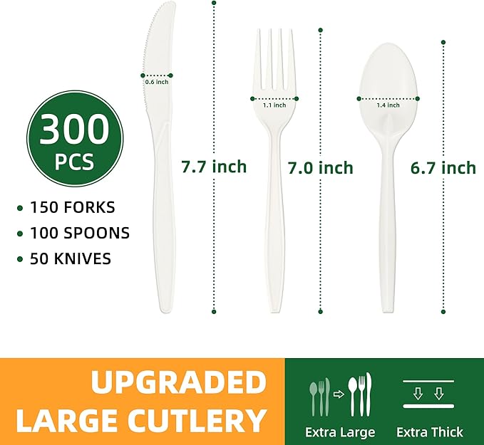 100% Compostable Cutlery Set, Disposable Cornstarch Utensils Heavy Duty BPI Certified Eco-Friendly Party Supplies No Plastic-300pcs (150 Forks,100 Spoons,50 Knives)