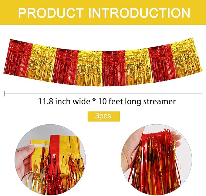 BEISHIDA 3 Packs Metallic Foil Fringe Garland Red Gold Wall Hanging Tinsel Fringe Banners for Car Floats Bridal Shower Wedding Birthday Easter Graduation Holiday Party Decoration(30 Feet)