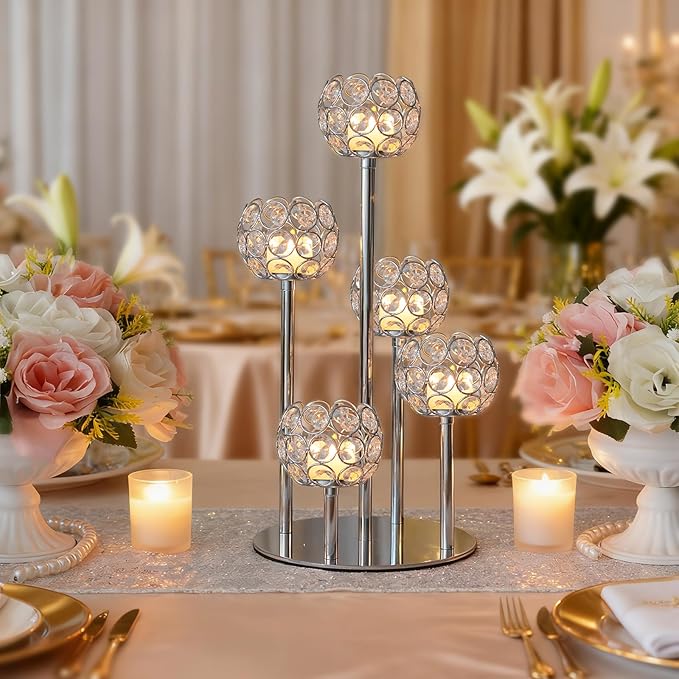 5-Arm Crystal Tealight Candelabra Centerpiece, 14.8 Inch Metal Candle Holder for Table Decor, Wedding, Christmas, Party, Anniversary & Home Decoration (2, Silver, S-14.8 in)