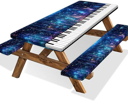 Piano Keyboard Picnic Table Cover with Bench Covers, Camping Essentials, Music Themed Waterproof Windproof, Fitted Tablecloth Cover with Elastic Edge, for Outdoor, Garden, 3 PCS, 30x60 Inch