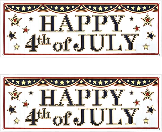 Beistle Happy 4th of July Sign Banners, 21” x 5’, 2 Pack – Summer Patriotic Holiday Welcoming Party Supplies with Stars, Independence Day Decorations for Indoors & Outdoors