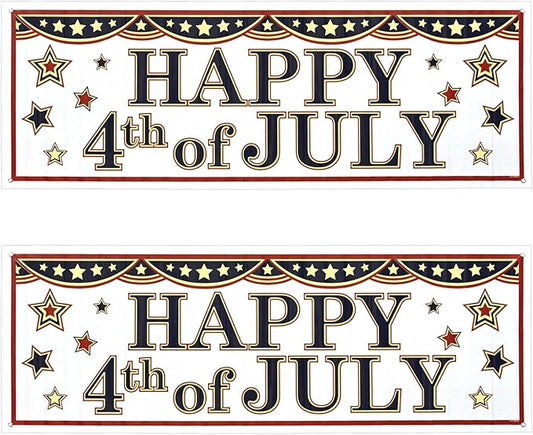 Beistle Happy 4th of July Sign Banners, 21” x 5’, 2 Pack – Summer Patriotic Holiday Welcoming Party Supplies with Stars, Independence Day Decorations for Indoors & Outdoors