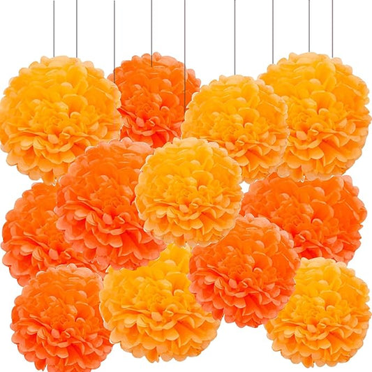 XIKSXITN 12 pcs Orange Paper Pom Poms Decorations for Party in 2 Colors,Ceiling Hanging Tissue Paper Flowers Decorations (8&10&12 inch)