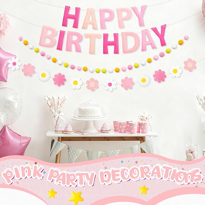Mindsoft Pre Strung 3 Pcs Happy Birthday Banner Felt Ball Garland Pink and White Flower Banner Reusable Bulk Pink Birthday Decorations for Girls Boys Women Men