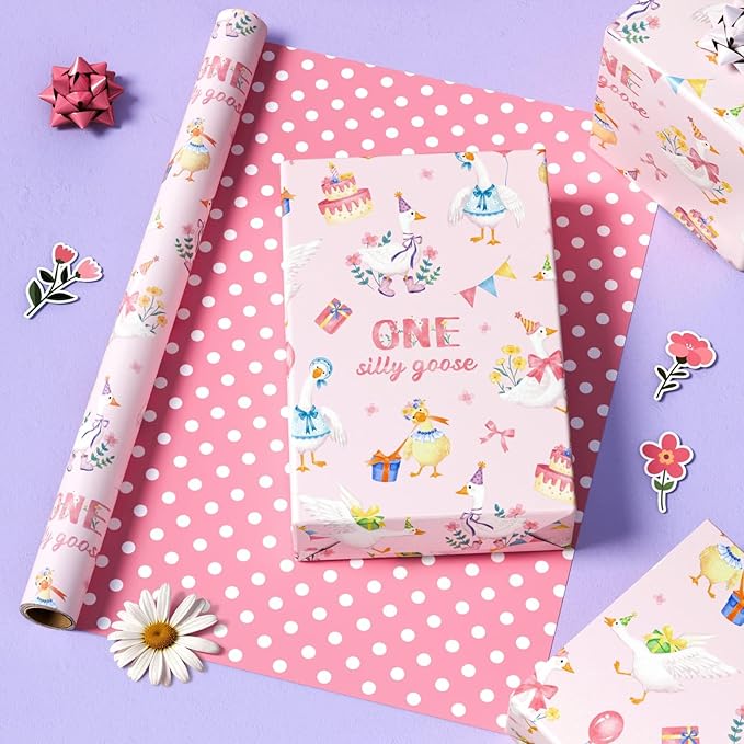 WERNNSAI Silly Goose Wrapping Paper - 1 Roll 17” x 33 ft 1st Birthday Wrapping Paper Pink Birthday Gift Wrap Baby Girls One Year Present Packing Wrap Baby Shower Reversible Design