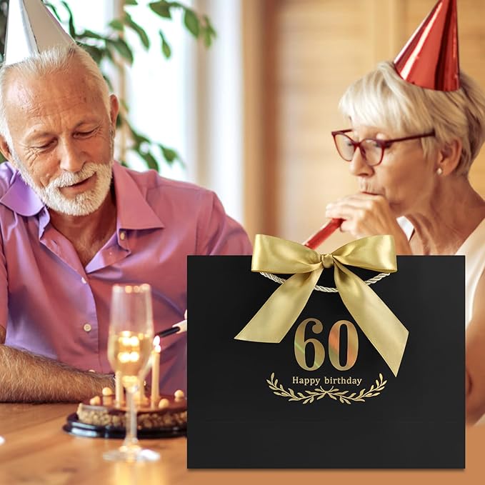 JMANNI Black Gold 60th Birthday Gift Bag with Card and Tissue Paper, 12.6"×9.84"×3.9" Elegant Present Bag for Men Women, 60 Year Old Birthday Keepsake Party Supplies