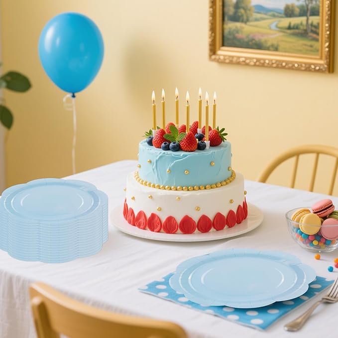 30 Pack Blue Paper Plates 9 Inch, Disposable Scalloped Plates Cake Dessert Plate for Dinner Baby Shower Wedding Bridal Shower Birthday Party Supplies (Blue, 9 inch)