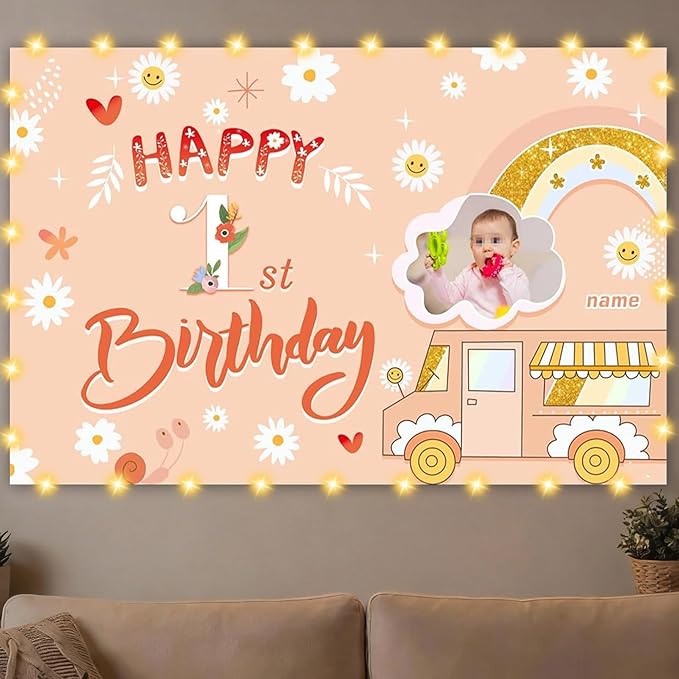 Dicodes Custom Groovy Hippie Happy Birthday Backdrop Retro Boho Girls Birthday Background Hippie Theme Daisy Floral Kids Happy Birthday Newborn Baby Party Decor Banner