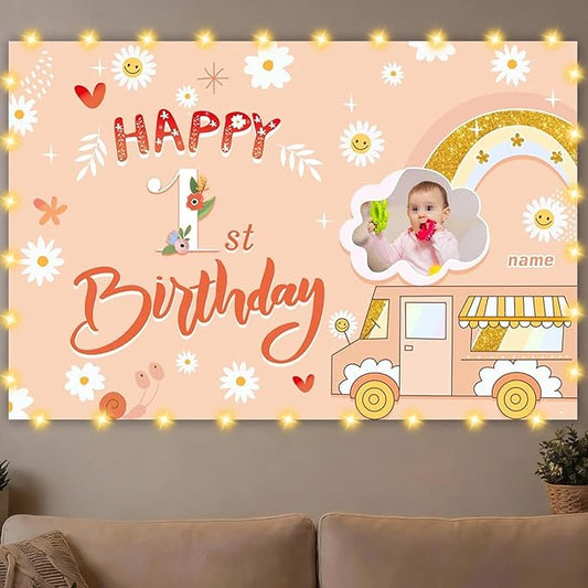 Dicodes Custom Groovy Hippie Happy Birthday Backdrop Retro Boho Girls Birthday Background Hippie Theme Daisy Floral Kids Happy Birthday Newborn Baby Party Decor Banner