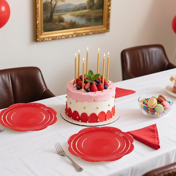 30 Pack Red Paper Plates 9 Inch, Disposable Scalloped Plates Cake Dessert Plate for Dinner Baby Shower Wedding Bridal Shower Birthday Party Supplies (Red, 9 inch)