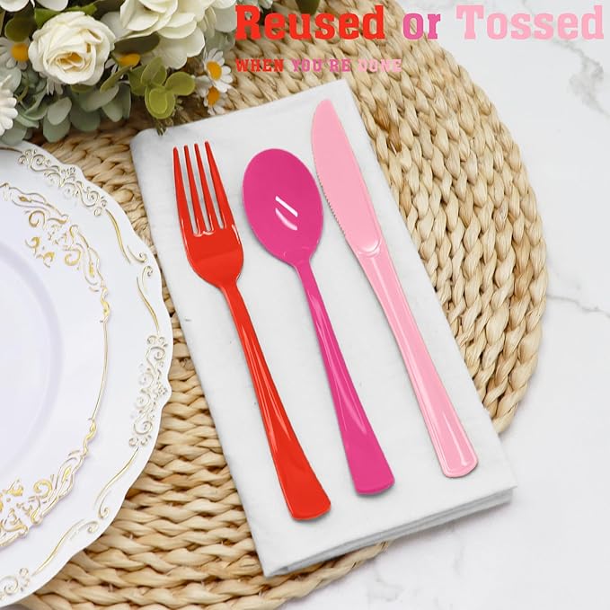 153 Pcs Valentine's Day Plastic Silverware Heavy Duty Disposable Tableware Sets Includes Spoons Forks Knives for Valentine's Day Party Decorations (Pink, Hot Pink, Red)