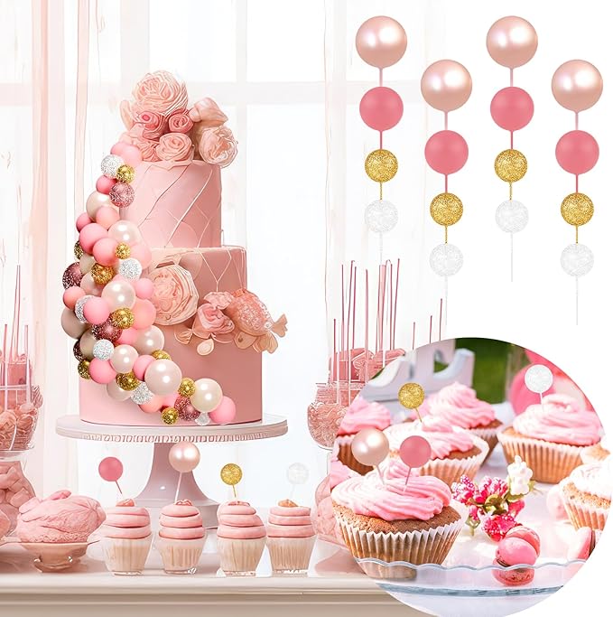 60Pcs Glitter Cake Balls Decorations Foam Cake Topper Balls Mini Balloon Cupcake Toppers for Cake Decorating Birthday Baby Shower Party (Glitter Pink Gold White)