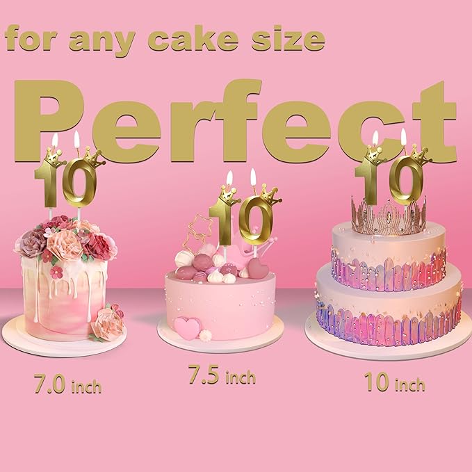 The Number 10 Gold Birthday Candles for Cake is Beautiful Number Candles for 10th Birthday Decorations for Man and Women(Gold-10, Crown)