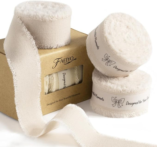 Beige Cotton Ribbon 1 Inch Beige 3 Rolls 21 Yards Frayed Edge Fabric Set for Rustic Wedding Decor, Bridal Bouquet Wrap, Farmhouse Decor, Wreath Making & Gift Wrapping