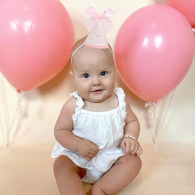Pink Bow 1/2 Birthday Hat- Pink half Birthday hat, Princess 1st Birthday Supplies,Half Birthday Decorations for Girls