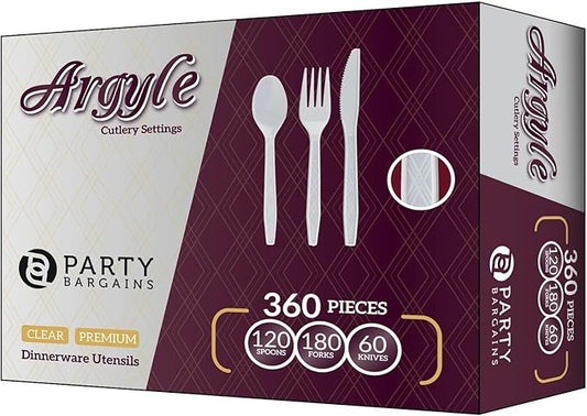 PARTY BARGAINS Argyle White Plastic Cutlery Set 360-Piece – 180 Forks, 120 Spoons, 60 Knives – Heavy-Duty Disposable Utensils for Parties, Weddings, Buffets, BBQs & Catering – BPA Free