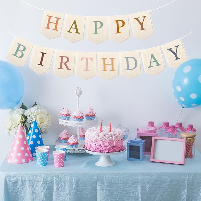 Doumeny Happy Birthday Felt Banner Boho Happy Birthday Hanging Banner Bohemian Birthday Felt Garland Flag Rainbow Birthday Bunting Garland for Party Baby Shower Home Fireplace Nursery Backdrop Decor