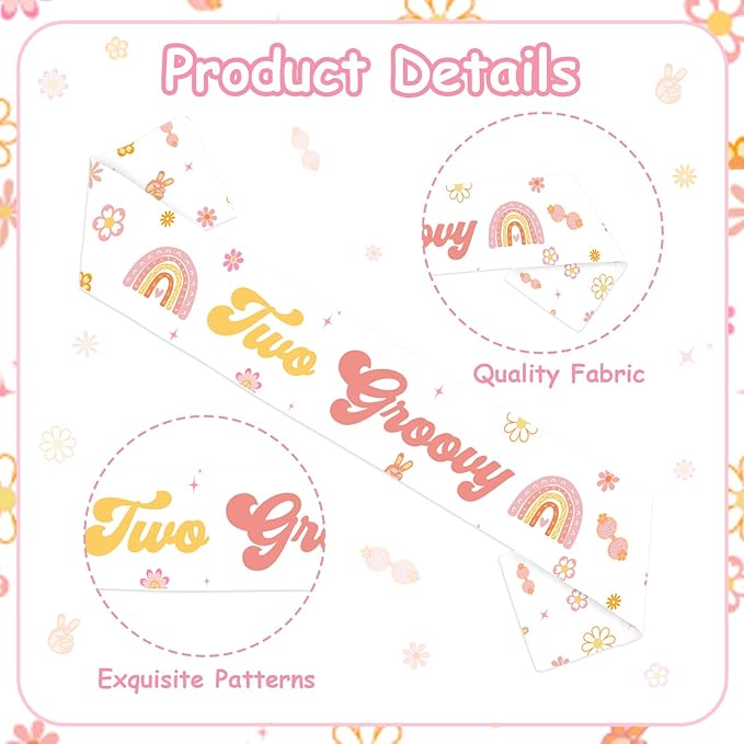 Boho Groovy 2nd Birthday Party Favor Two Groovy Birthday Sash Retro Hippie Boho Bday Decoration for Daisy Flower Happy 2 Year Old Bday Girl Retro Hippie 2nd Party Supply Gift