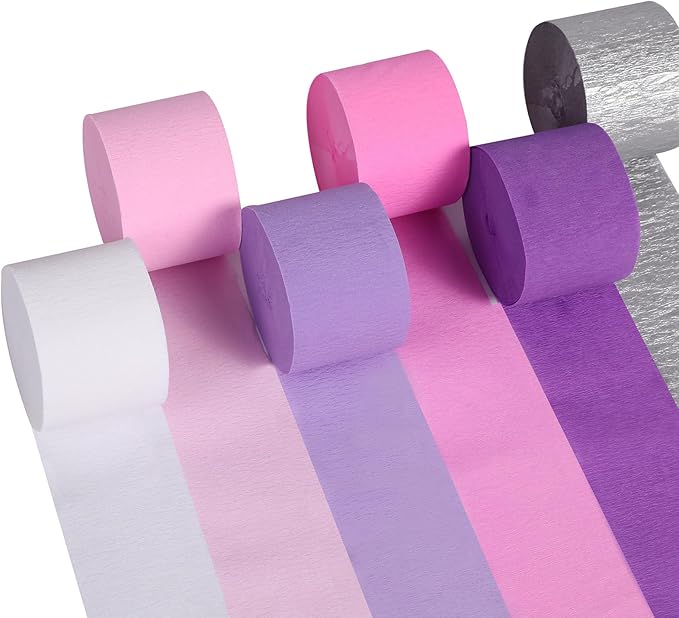 Suaxova Pastel Crepe Paper Streamers 6 Rolls 492ft, Pack of Pink Purple Silver Theme Party Streamers for Party Decorations, Birthday, Wedding, Baby Shower, Graduation, Christmas