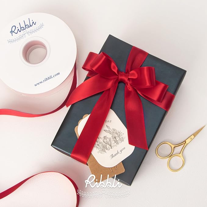 Ribbli Double Faced Red Satin Ribbon,1” x Continuous 25 Yards,Fabric Ribbon Use for Bows Bouquet,Christmas Gift Wrapping,Floral Arrangement