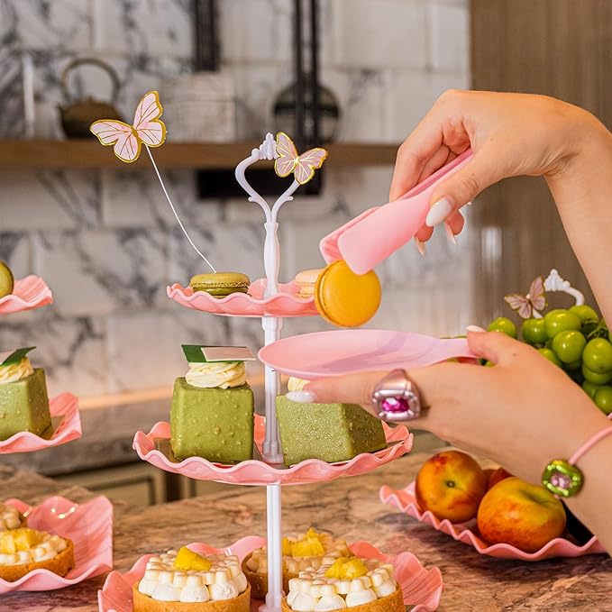 15 PCS Dessert Table Display Set Pink Cupcake Stand,3 Tiered Tray Stand Cup Cake Tower Holder, Cake Stand Serving Trays Dessert Display Stands for Tea Party Wedding Baby Shower Girl-Pink