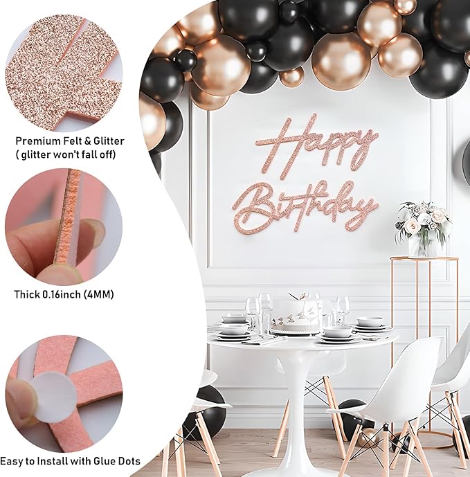 Rose Gold Happy Birthday Sign for Arch Backdrop - Glitter Happy Birthday Letters Felt Signs for Balloon Arch Party Backdrop Wall Decorations Remove Large Logo for Birthday Baby Shower