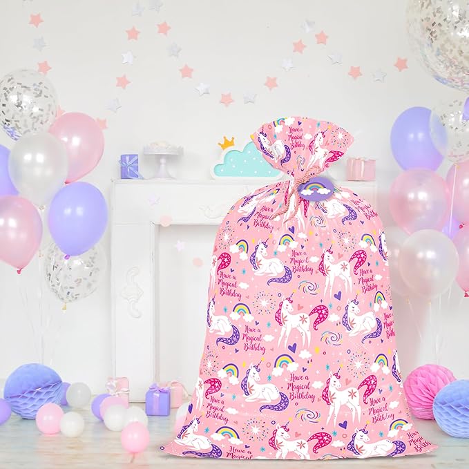 WRAPAHOLIC 56" Extra Large Pink Unicorn Birthday Gift Bag - Have a Magical Birthday Jumbo Bike Bag Gift Wrap for Girls, Baby Shower, Party, Holiday - 56" H x 36" W
