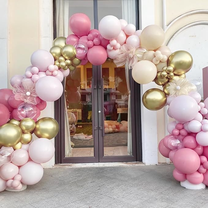 Mebay Dusty Blush Pink Nude Gold Balloon Arch Kit, 166Pcs Retro Pink Nude Metallic Gold and Macaron Light Pink Balloons for Bridal Baby Shower Girls Boho Birthday Wedding Decorations Supplies