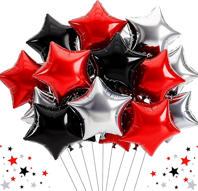 TONIFUL 15Pcs 18 Inch Large Silver Red Black Star Shape Foil Balloons Big Stars Helium Mylar Ballons for Birthday Wedding Bridal Shower Anniversary Engagement Party Decorations Supplies