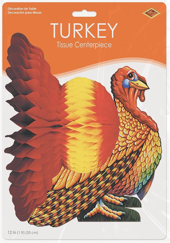 Beistle Tissue and Paper Turkey Centerpiece for Thanksgiving Decorations-Autumn Fall Harvest Home Décor, 12", Brown/Red/Orange/Yellow