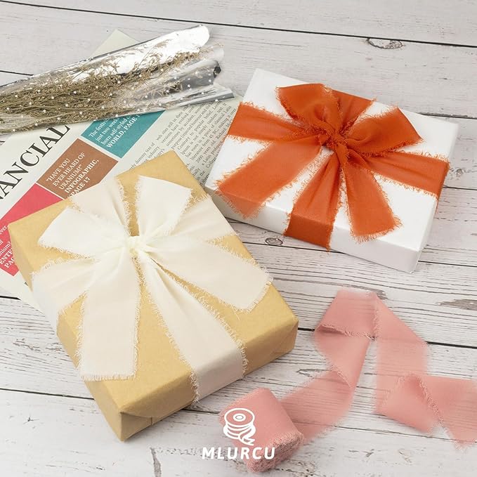 Terracotta Chiffon Ribbon 1.5 Inch x 21Yds Handmade Fringe Chiffon Silk Ribbon Dusty Pink/Cream Frayed Chiffon Ribbon for Thanksgiving Wedding Invitation Flower Bouquets Bridal Shower Gift Wrapping