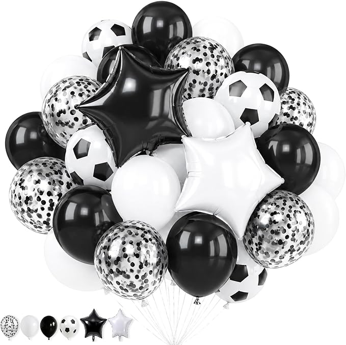 Soccer Balloons, 12Inch Black White Soccer Printed Latex Balloons, 18 Inch Black and White Star Foil Balloon with Confetti Helium Balloon for Sport Football Theme Boy Men Birthday Party Decorations