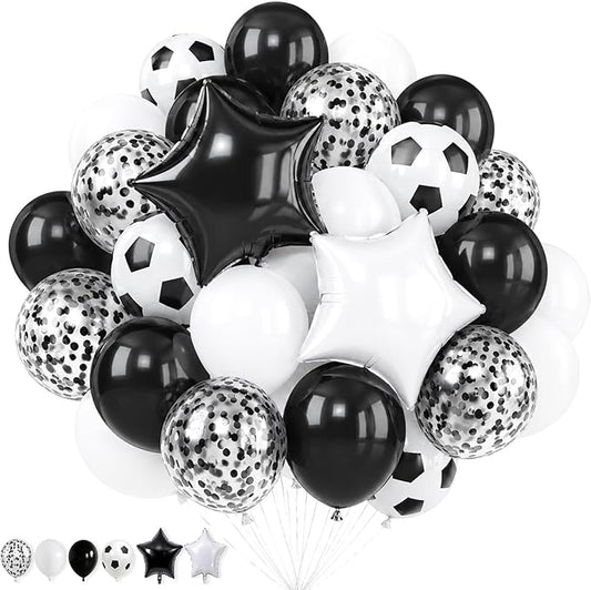 Soccer Balloons, 12Inch Black White Soccer Printed Latex Balloons, 18 Inch Black and White Star Foil Balloon with Confetti Helium Balloon for Sport Football Theme Boy Men Birthday Party Decorations