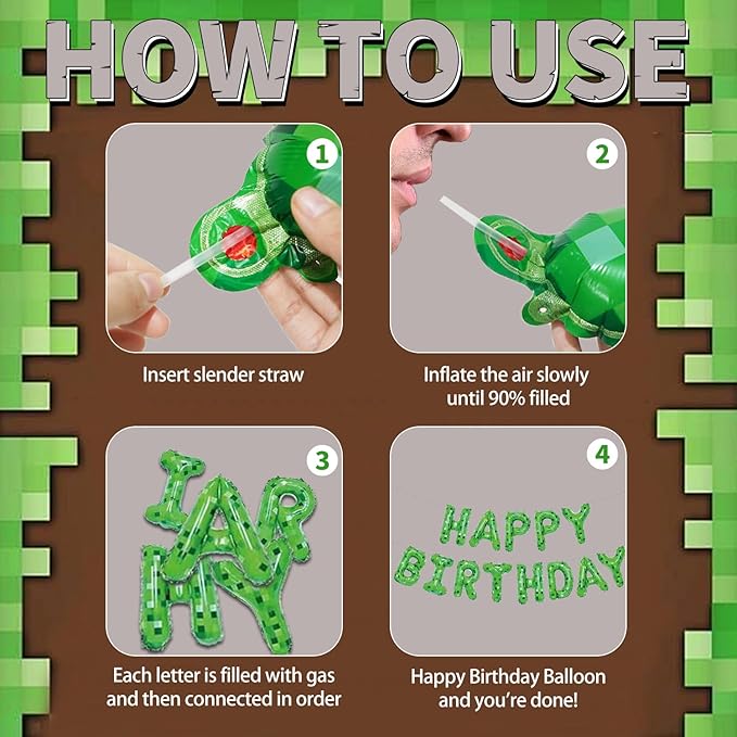 Green Pixel Miner Theme Happy Birthday Balloons Banner 16 Inch Letters, Inflatable Party Decor and Birthday Decorations for Women, Men, Boys & Girls Kids and Adults, Party Supplies