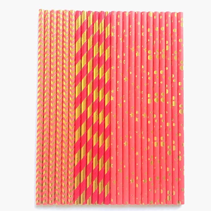 100 pcs Mixed Biodegradable Party Paper Straws, Disposable Red Gold Foil Striped Chevron Dot Star Drinking Straws Bulk, Holiday Christmas Valentine Wedding Cake Pop Sticks (All Wrapped Up)