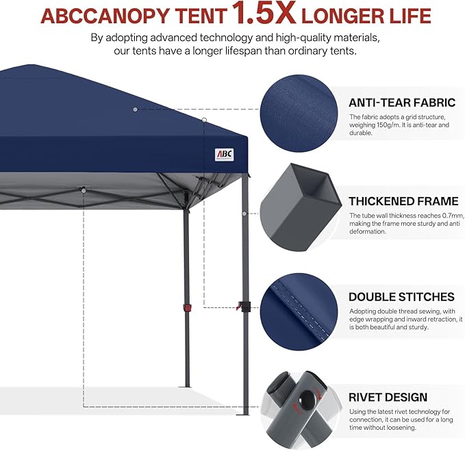 ABCCANOPY 10x10 Pop Up Canopy Tent, Easy Setup Instant Shelter with Wheeled Bag, Heavy Duty Outdoor Canopy for Beach, Market, Backyard, UV Protection, Outdoor Weather Protection (Navy Blue, 10x10)